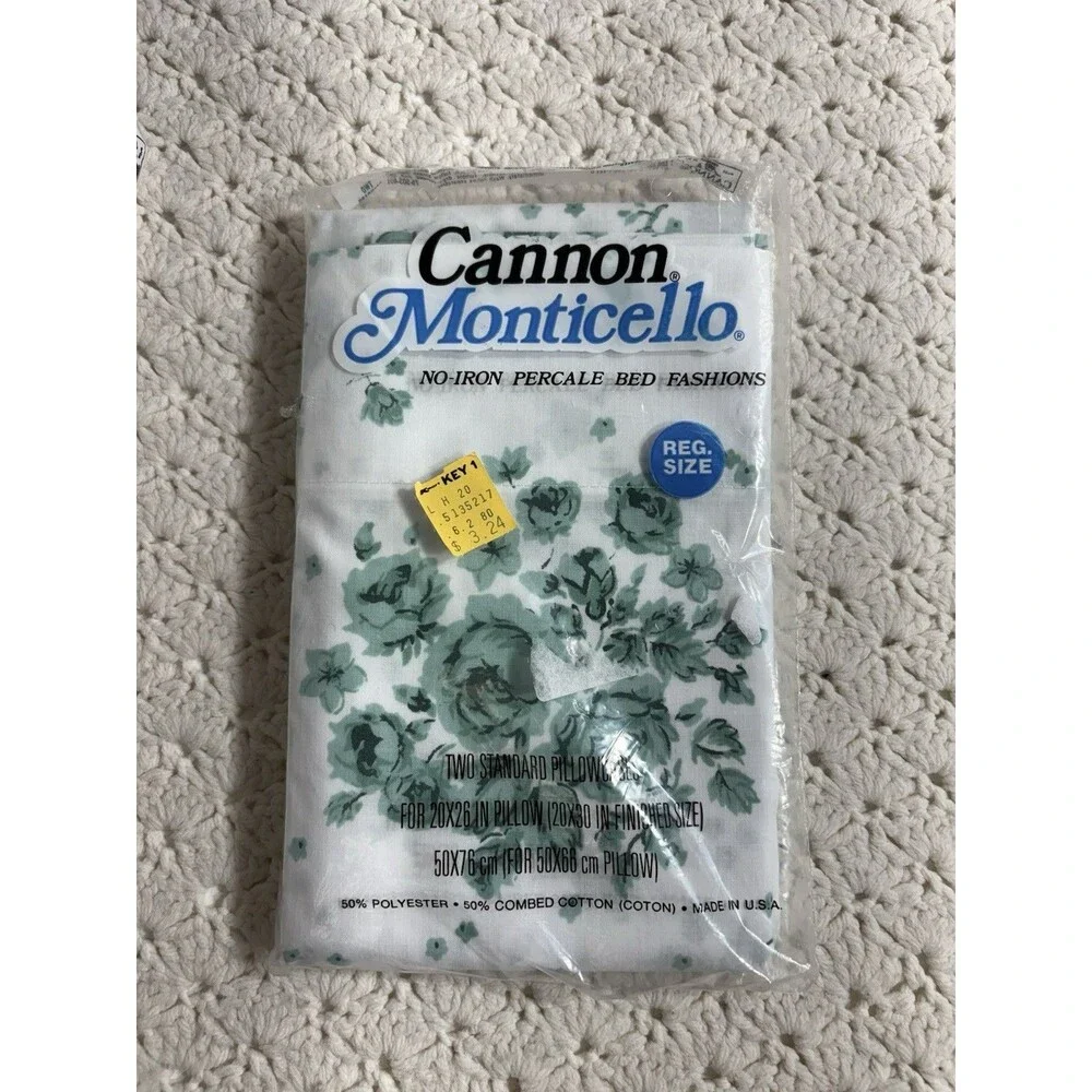 Vintage Cannon Monticello Twin Fitted Sheet 2 Pillowcases White Green Floral USA